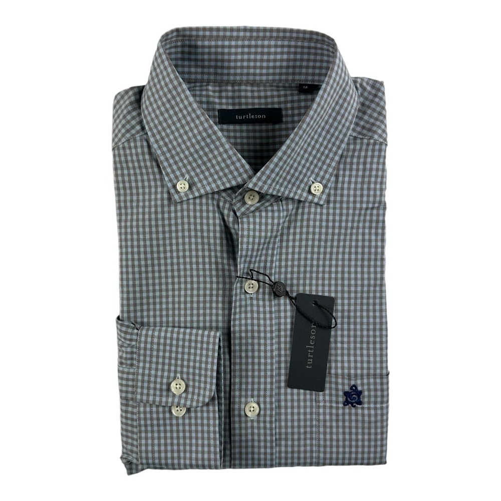 Turtleson Mens Blue Checked Cotton Sport Shirt Button Front Logo Size M NWT